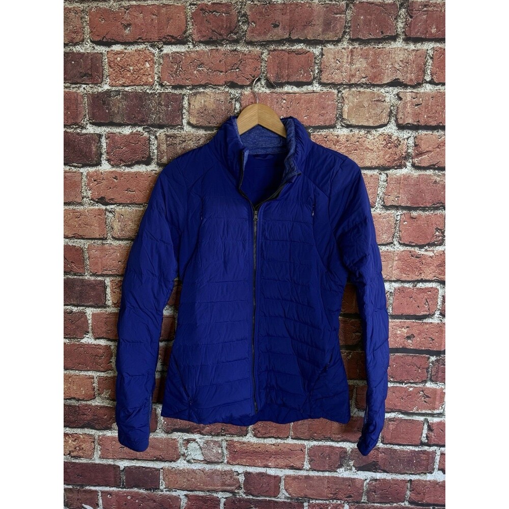 Lululemon Womens Blue Full Zip Quilted Down Jacket Mock Neck Size 8